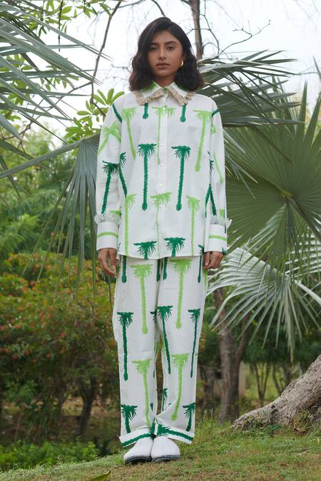 Khajoor Studio_White Cotton Lace Collared Palm Trees Hand Block Printed Shirt And Pant _Online_at_Aza_Fashions