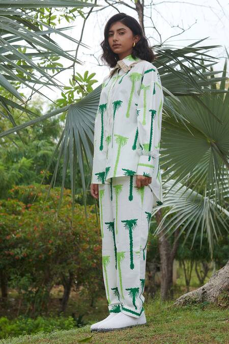 Buy_Khajoor Studio_White Cotton Lace Collared Palm Trees Hand Block Printed Shirt And Pant _Online_at_Aza_Fashions