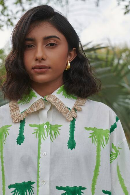 Shop_Khajoor Studio_White Cotton Lace Collared Palm Trees Hand Block Printed Shirt And Pant _Online_at_Aza_Fashions