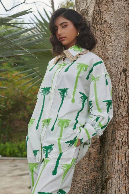Buy_Khajoor Studio_White Cotton Lace Collared Palm Trees Hand Block Printed Shirt And Pant 