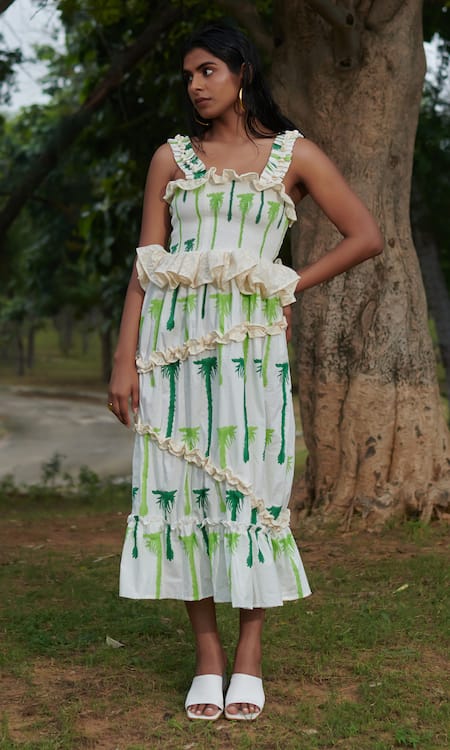 Khajoor Studio White 100% Cotton Print Palm Square Seaside Khajoor Tiered Dress 