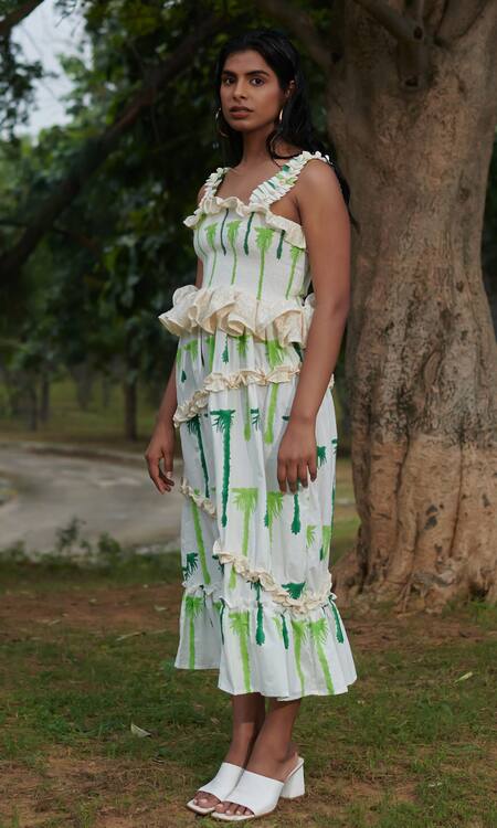 Buy_Khajoor Studio_White Cotton Lace, Embroidery Square Neck Seaside Khajoor Print Tiered Dress _Online_at_Aza_Fashions