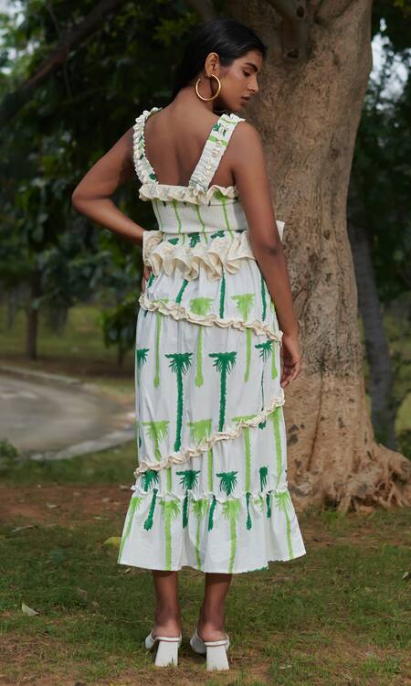 Shop_Khajoor Studio_White Cotton Lace, Embroidery Square Neck Seaside Khajoor Print Tiered Dress _Online_at_Aza_Fashions