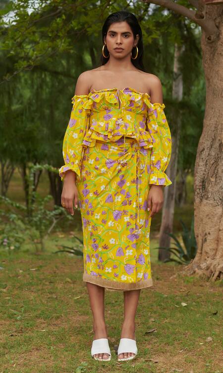 Khajoor Studio Yellow Cotton Embroidery, Le Lemon Fleur Hawaiian Print Wrap Skirt And Top Set Online at Aza Fashions Khajoor Studio_Yellow Cotton Embroidery, Le Lemon Fleur Hawaiian Print Wrap Skirt And Top Set _Online_at_Aza_Fashions