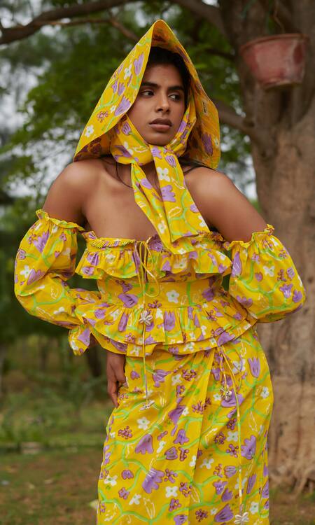 Khajoor Studio Yellow Cotton Embroidery, Le Lemon Fleur Hawaiian Print Wrap Skirt And Top Set at Aza Fashions Khajoor Studio_Yellow Cotton Embroidery, Le Lemon Fleur Hawaiian Print Wrap Skirt And Top Set _at_Aza_Fashions