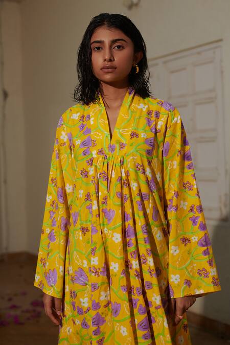 Shop Khajoor Studio Yellow Cotton V-neck Madeleine Lemon Fleur Print Dress Online at Aza Fashions Shop_Khajoor Studio_Yellow Cotton V-neck Madeleine Lemon Fleur Print Dress _Online_at_Aza_Fashions