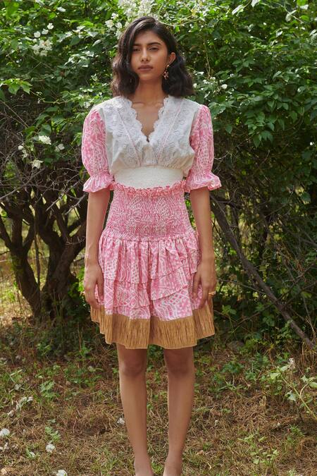 Khajoor Studio Pink Cotton Lace, Embroidery V-neck Barbie Meadow Print Smocked Top With Skirt Online at Aza Fashions Khajoor Studio_Pink Cotton Lace, Embroidery V-neck Barbie Meadow Print Smocked Top With Skirt _Online_at_Aza_Fashions