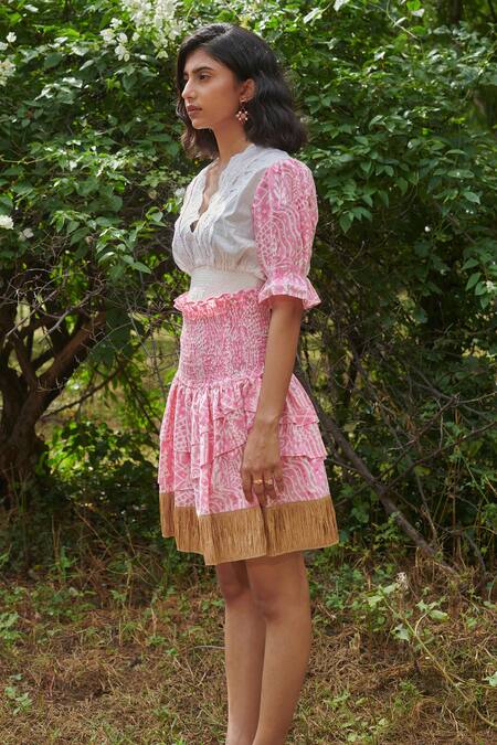 Buy Khajoor Studio Pink Cotton Lace, Embroidery V-neck Barbie Meadow Print Smocked Top With Skirt Online at Aza Fashions Buy_Khajoor Studio_Pink Cotton Lace, Embroidery V-neck Barbie Meadow Print Smocked Top With Skirt _Online_at_Aza_Fashions