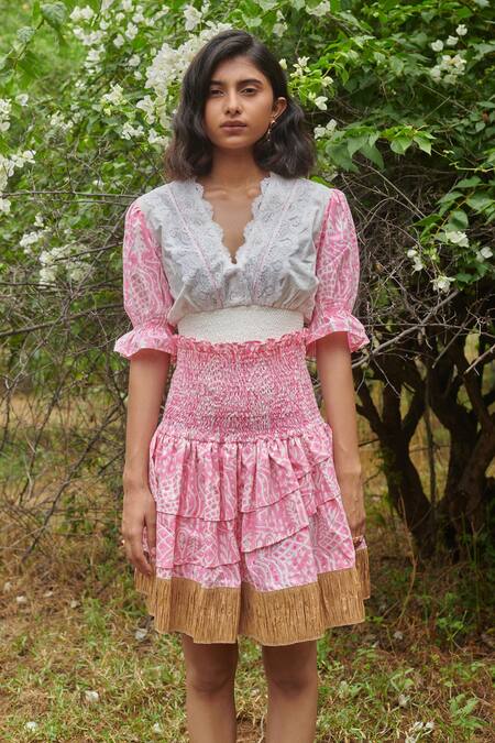 Shop Khajoor Studio Pink Cotton Lace, Embroidery V-neck Barbie Meadow Print Smocked Top With Skirt Online at Aza Fashions Shop_Khajoor Studio_Pink Cotton Lace, Embroidery V-neck Barbie Meadow Print Smocked Top With Skirt _Online_at_Aza_Fashions