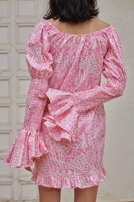 Shop Khajoor Studio Pink Cotton Scoop Neck Meadow Print Tie Up Mini Dress Online at Aza Fashions Shop_Khajoor Studio_Pink Cotton Scoop Neck Meadow Print Tie Up Mini Dress _Online_at_Aza_Fashions