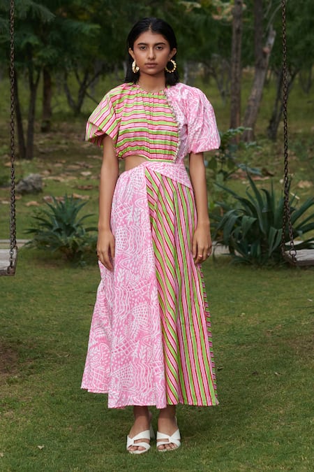 Khajoor Studio Pink 100% Cotton Print Stripe Round Meadow Carnival Side Cutout Dress 