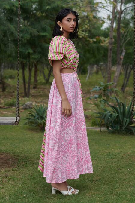 Buy_Khajoor Studio_Pink Cotton Embroidery Round Neck Meadow Carnival Print Side Cutout Dress _Online_at_Aza_Fashions