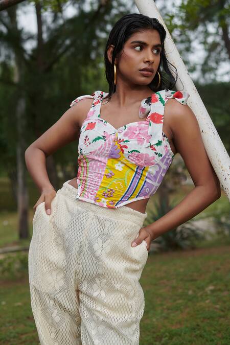 Shop Khajoor Studio Multi Color Modal, Satin, Cotton Patchwork Farmland Corset With Crochet Pant Online at Aza Fashions Shop_Khajoor Studio_Multi Color Modal, Satin, Cotton Patchwork Farmland Corset With Crochet Pant _Online_at_Aza_Fashions