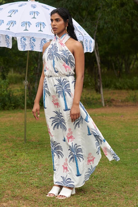 Khajoor Studio Blue Velvet Halter Neck Le Fete Khajoor Panther Dress at Aza Fashions Khajoor Studio_Blue Velvet Halter Neck Le Fete Khajoor Panther Dress _at_Aza_Fashions