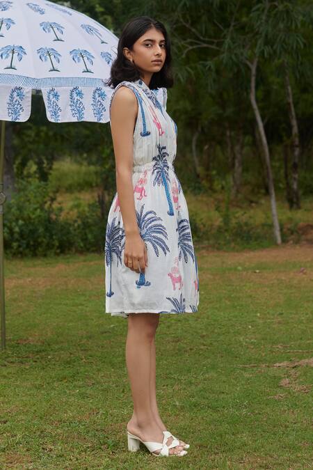 Buy Khajoor Studio Blue Velvet One Shoulder Panther Print Pleated Dress Online at Aza Fashions Buy_Khajoor Studio_Blue Velvet One Shoulder Panther Print Pleated Dress _Online_at_Aza_Fashions