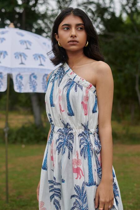 Shop Khajoor Studio Blue Velvet One Shoulder Panther Print Pleated Dress Online at Aza Fashions Shop_Khajoor Studio_Blue Velvet One Shoulder Panther Print Pleated Dress _Online_at_Aza_Fashions