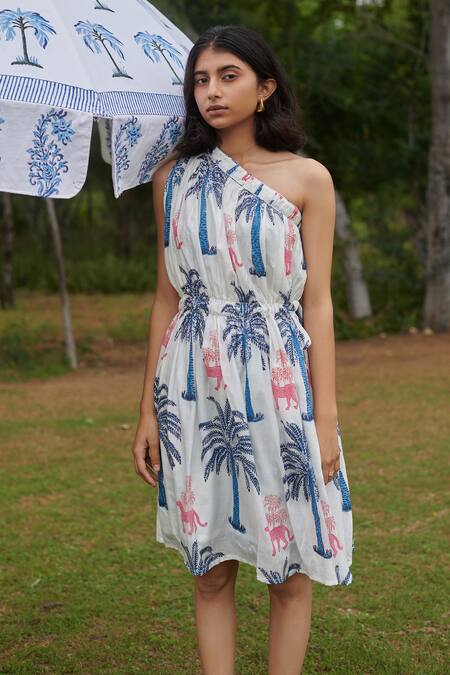 Khajoor Studio Blue Velvet One Shoulder Panther Print Pleated Dress at Aza Fashions Khajoor Studio_Blue Velvet One Shoulder Panther Print Pleated Dress _at_Aza_Fashions