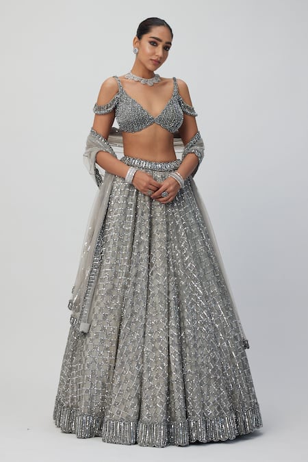 Vvani By Vani Vats Silver Sequin Embroidered Lehenga Set 
