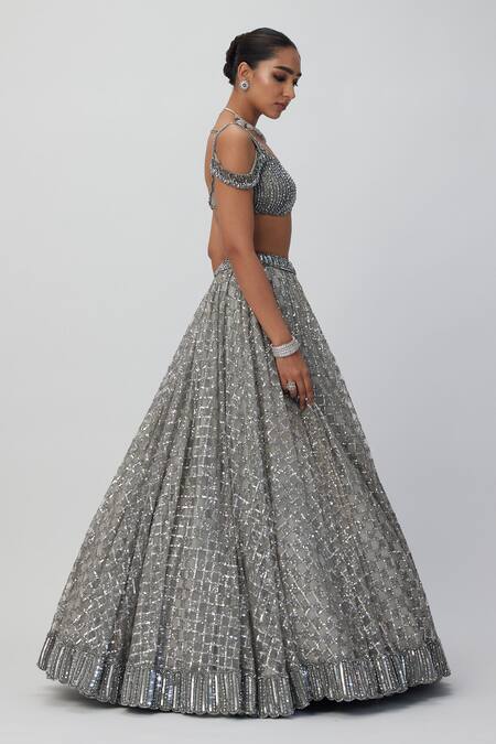 Vvani By Vani Vats Silver Georgette, Net Sequins, Crystals Scoop Neck Embroidered Lehenga Set Online at Aza Fashions Vvani By Vani Vats_Silver Georgette, Net Sequins, Crystals Scoop Neck Embroidered Lehenga Set _Online_at_Aza_Fashions