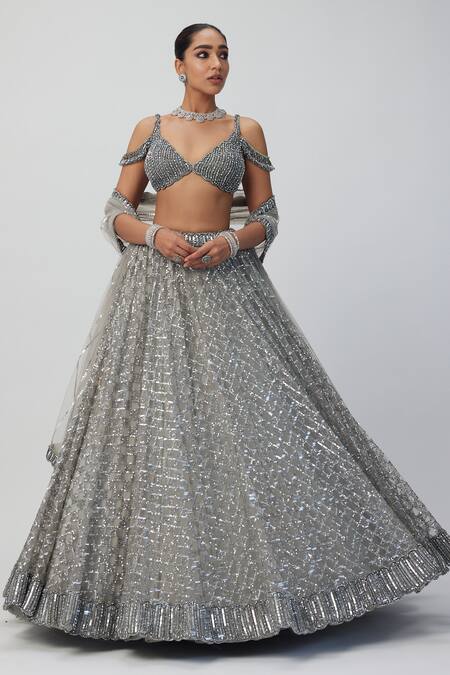 Buy Vvani By Vani Vats Silver Georgette, Net Sequins, Crystals Scoop Neck Embroidered Lehenga Set Online at Aza Fashions Buy_Vvani By Vani Vats_Silver Georgette, Net Sequins, Crystals Scoop Neck Embroidered Lehenga Set _Online_at_Aza_Fashions