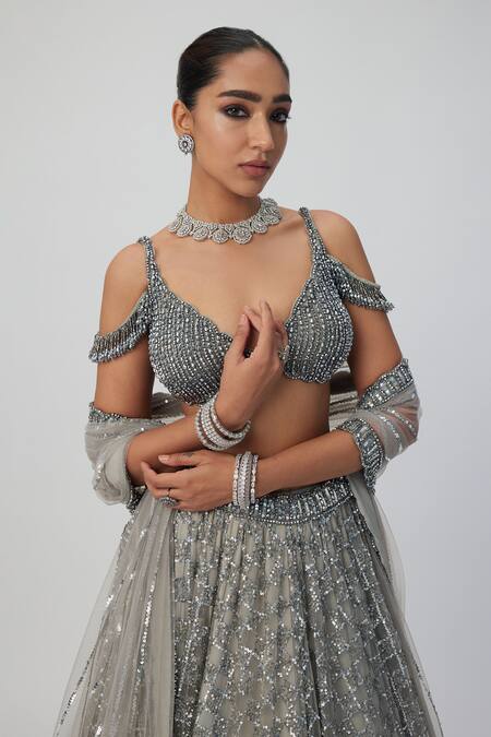 Shop Vvani By Vani Vats Silver Georgette, Net Sequins, Crystals Scoop Neck Embroidered Lehenga Set Online at Aza Fashions Shop_Vvani By Vani Vats_Silver Georgette, Net Sequins, Crystals Scoop Neck Embroidered Lehenga Set _Online_at_Aza_Fashions