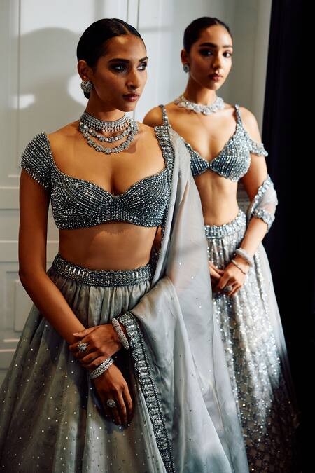 Buy Vvani By Vani Vats Silver Georgette, Net Sequins, Crystals Scoop Neck Embroidered Lehenga Set Buy_Vvani By Vani Vats_Silver Georgette, Net Sequins, Crystals Scoop Neck Embroidered Lehenga Set
