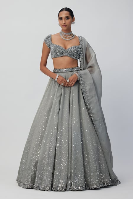 Vvani By Vani Vats_Silver Georgette, Organza Sequins, Scattered Embroidered Bridal Lehenga Set _Online_at_Aza_Fashions