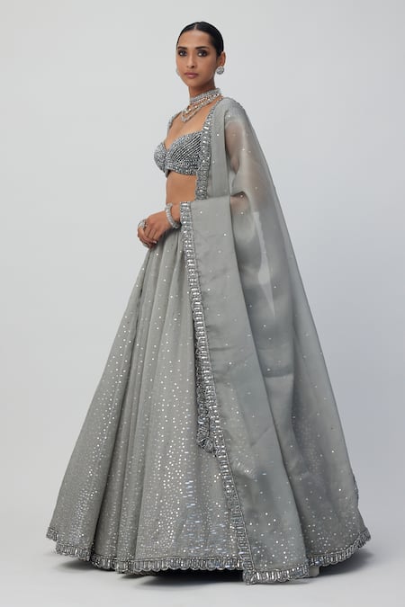 Buy_Vvani By Vani Vats_Silver Georgette, Organza Sequins, Scattered Embroidered Bridal Lehenga Set _Online_at_Aza_Fashions