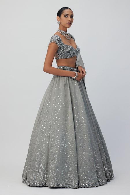 Shop_Vvani By Vani Vats_Silver Georgette, Organza Sequins, Scattered Embroidered Bridal Lehenga Set _Online_at_Aza_Fashions