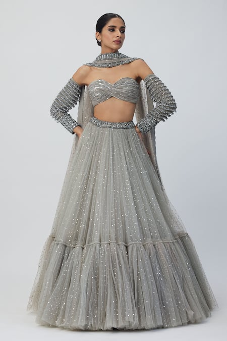 Shop_Vvani By Vani Vats_Silver Georgette, Net Sequins, Crystals, Cut Work Embellished Lehenga Set _at_Aza_Fashions