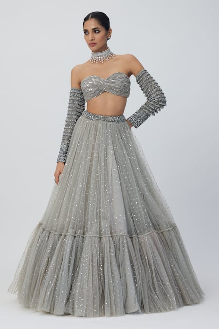 Vvani By Vani Vats_Silver Georgette, Net Sequins, Crystals, Cut Work Embellished Lehenga Set _Online_at_Aza_Fashions