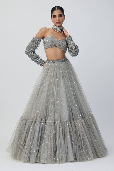 Buy_Vvani By Vani Vats_Silver Georgette, Net Sequins, Crystals, Cut Work Embellished Lehenga Set _Online_at_Aza_Fashions