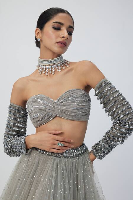 Shop_Vvani By Vani Vats_Silver Georgette, Net Sequins, Crystals, Cut Work Embellished Lehenga Set _Online_at_Aza_Fashions