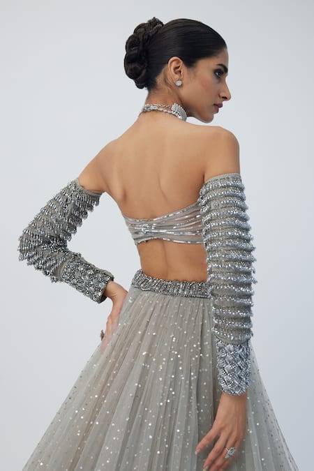 Vvani By Vani Vats_Silver Georgette, Net Sequins, Crystals, Cut Work Embellished Lehenga Set _at_Aza_Fashions