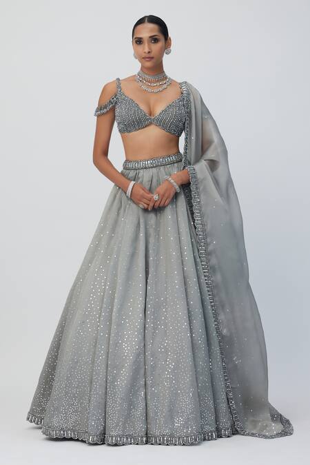 Buy_Vvani By Vani Vats_Silver Net, Georgette Sequins, Crystals Sweetheart Neck Embellished Lehenga Set _Online_at_Aza_Fashions