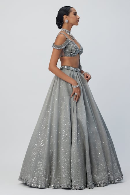 Shop_Vvani By Vani Vats_Silver Net, Georgette Sequins, Crystals Sweetheart Neck Embellished Lehenga Set _Online_at_Aza_Fashions