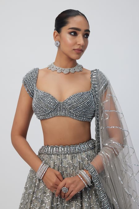 Vvani By Vani Vats_Silver Georgette, Net Sequins, Crystals Hand Embroidered Bridal Lehenga Set _Online_at_Aza_Fashions