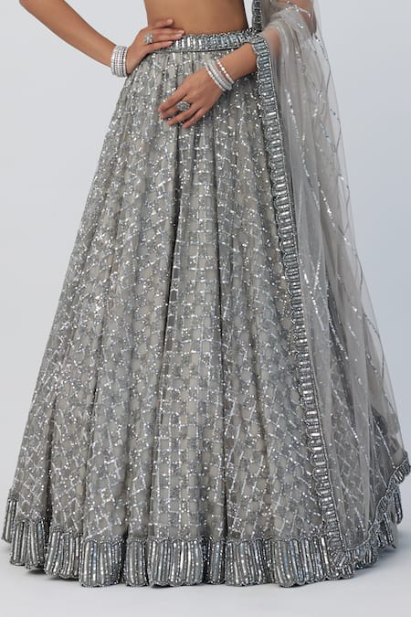 Shop_Vvani By Vani Vats_Silver Georgette, Net Sequins, Crystals Hand Embroidered Bridal Lehenga Set _Online_at_Aza_Fashions
