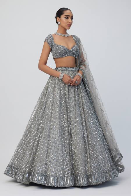 Vvani By Vani Vats_Silver Georgette, Net Sequins, Crystals Hand Embroidered Bridal Lehenga Set _at_Aza_Fashions