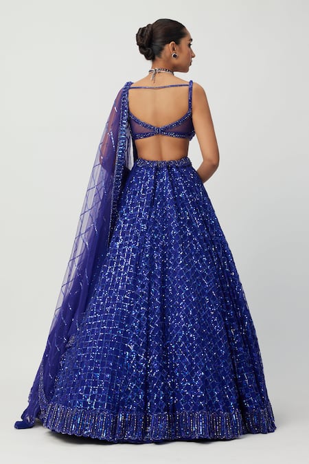 Shop Vvani By Vani Vats Blue Georgette, Net Crystals, Sequins, Cut Checkered Embroidered Lehenga Set at Aza Fashions Shop_Vvani By Vani Vats_Blue Georgette, Net Crystals, Sequins, Cut Checkered Embroidered Lehenga Set _at_Aza_Fashions