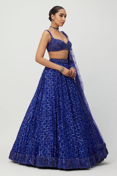 Vvani By Vani Vats Blue Georgette, Net Crystals, Sequins, Cut Checkered Embroidered Lehenga Set Online at Aza Fashions Vvani By Vani Vats_Blue Georgette, Net Crystals, Sequins, Cut Checkered Embroidered Lehenga Set _Online_at_Aza_Fashions