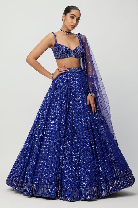 Buy Vvani By Vani Vats Blue Georgette, Net Crystals, Sequins, Cut Checkered Embroidered Lehenga Set Online at Aza Fashions Buy_Vvani By Vani Vats_Blue Georgette, Net Crystals, Sequins, Cut Checkered Embroidered Lehenga Set _Online_at_Aza_Fashions