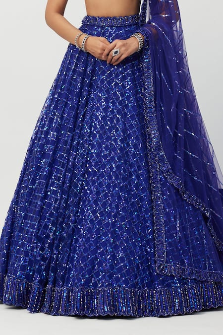 Shop Vvani By Vani Vats Blue Georgette, Net Crystals, Sequins, Cut Checkered Embroidered Lehenga Set Online at Aza Fashions Shop_Vvani By Vani Vats_Blue Georgette, Net Crystals, Sequins, Cut Checkered Embroidered Lehenga Set _Online_at_Aza_Fashions