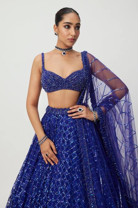 Vvani By Vani Vats Blue Georgette, Net Crystals, Sequins, Cut Checkered Embroidered Lehenga Set at Aza Fashions Vvani By Vani Vats_Blue Georgette, Net Crystals, Sequins, Cut Checkered Embroidered Lehenga Set _at_Aza_Fashions