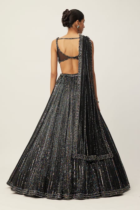 Shop Vvani By Vani Vats Black Georgette, Organza, Net Crystals, Sequins, Linear Embroidered Lehenga Set at Aza Fashions Shop_Vvani By Vani Vats_Black Georgette, Organza, Net Crystals, Sequins, Linear Embroidered Lehenga Set _at_Aza_Fashions