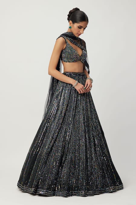 Vvani By Vani Vats Black Georgette, Organza, Net Crystals, Sequins, Linear Embroidered Lehenga Set Online at Aza Fashions Vvani By Vani Vats_Black Georgette, Organza, Net Crystals, Sequins, Linear Embroidered Lehenga Set _Online_at_Aza_Fashions