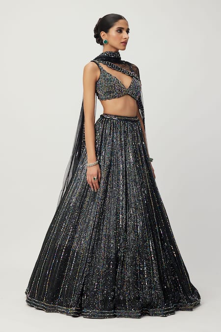 Buy Vvani By Vani Vats Black Georgette, Organza, Net Crystals, Sequins, Linear Embroidered Lehenga Set Online at Aza Fashions Buy_Vvani By Vani Vats_Black Georgette, Organza, Net Crystals, Sequins, Linear Embroidered Lehenga Set _Online_at_Aza_Fashions