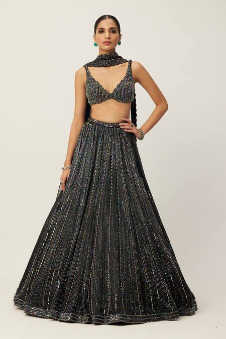 Shop Vvani By Vani Vats Black Georgette, Organza, Net Crystals, Sequins, Linear Embroidered Lehenga Set Online at Aza Fashions Shop_Vvani By Vani Vats_Black Georgette, Organza, Net Crystals, Sequins, Linear Embroidered Lehenga Set _Online_at_Aza_Fashions