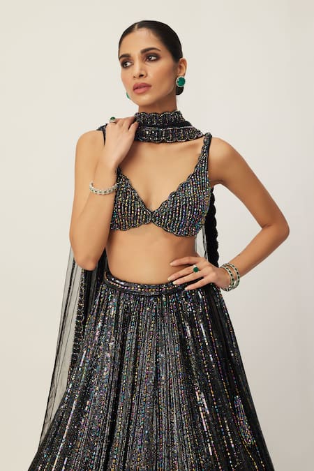 Vvani By Vani Vats Black Georgette, Organza, Net Crystals, Sequins, Linear Embroidered Lehenga Set at Aza Fashions Vvani By Vani Vats_Black Georgette, Organza, Net Crystals, Sequins, Linear Embroidered Lehenga Set _at_Aza_Fashions