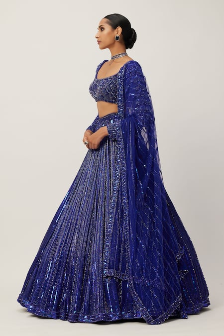 Vvani By Vani Vats_Blue Georgette, Organza Sequins, Crystals Square Cutdana Embroidered Lehenga Set _Online_at_Aza_Fashions